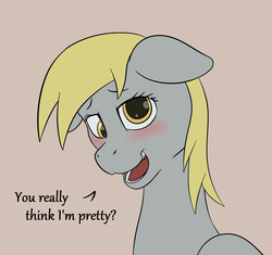 Size: 2508x2362 | Tagged: safe, artist:nudeknightart, derpy hooves, pegasus, pony, g4, blushing, brown background, cute, derpabetes, dialogue, female, floppy ears, high res, mare, shy, simple background, solo