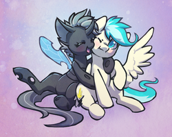 Size: 1142x914 | Tagged: safe, artist:dawnfire, oc, oc only, changeling, pegasus, pony, commission, female, hug, mare
