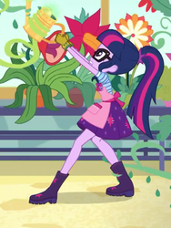 Size: 1536x2048 | Tagged: safe, screencap, sci-twi, twilight sparkle, equestria girls, g4, my little pony equestria girls: better together, my little shop of horrors, apron, boots, celestia's house, clothes, flower, glasses, gloves, plant, plants, ponytail, potted plant, shoes, skirt, vine, watering can