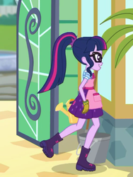 Size: 1536x2048 | Tagged: safe, screencap, sci-twi, twilight sparkle, equestria girls, g4, my little pony equestria girls: better together, my little shop of horrors, apron, boots, bucket, celestia's house, clothes, cute, female, glasses, gloves, open mouth, raised leg, shoes, solo, twiabetes, watering can