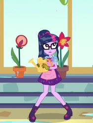 Size: 1536x2048 | Tagged: safe, screencap, sci-twi, twilight sparkle, equestria girls, g4, my little pony equestria girls: better together, my little shop of horrors, apron, boots, clothes, cute, female, flower, glasses, gloves, plant, potted plant, shoes, soaked, solo, stars, twiabetes, window