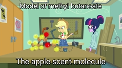 Size: 3416x1920 | Tagged: safe, edit, edited screencap, screencap, applejack, sci-twi, twilight sparkle, equestria girls, g4, my little pony equestria girls: better together, the finals countdown, chemistry, chemistry joke, clothes, female, glasses, methyl butanoate, methyl butyrate, molecule, science