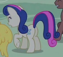 Size: 219x201 | Tagged: safe, screencap, bon bon, sweetie drops, earth pony, pony, g4, it's about time, background pony, bon butt, butt, cropped, eyes closed, female, mare, open mouth, plot, raised hoof, solo focus, underhoof