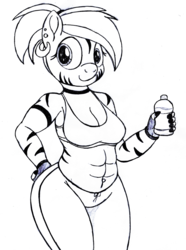 Size: 2231x3000 | Tagged: safe, artist:an-tonio, oc, oc only, oc:trinidad, zebra, anthro, abs, bottle, clothes, high res, monochrome, pants, ponytail, solo, sports bra, traditional art, wide hips, workout outfit, zebra oc