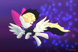 Size: 1000x667 | Tagged: safe, artist:empyu, songbird serenade, pegasus, pony, g4, my little pony: the movie, 30 minute art challenge, female, flying, hair over eyes, smiling, solo, sparkles