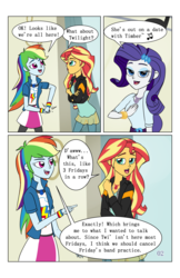 Size: 2650x4096 | Tagged: safe, artist:verumtee, part of a set, rainbow dash, rarity, sunset shimmer, comic:sparkling shimmer, equestria girls, g4, comic, implied shipping, implied straight, implied timbertwi, looking at each other, part of a series, singing