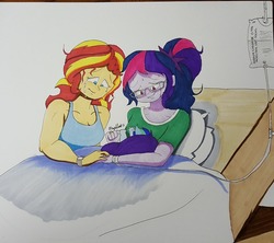 Size: 1280x1135 | Tagged: safe, artist:missmayaleanne, sci-twi, sunset shimmer, twilight sparkle, oc, oc:sparkling sapphire, series:sciset diary, equestria girls, g4, bed, crying, female, gift art, holding hands, hospital bed, hospital gown, lesbian, looking at each other, magical lesbian spawn, offspring, parent:sci-twi, parent:sunset shimmer, parents:scitwishimmer, ponytail, ring, ship:sci-twishimmer, ship:sunsetsparkle, shipping, tears of joy, tired, traditional art, wedding ring