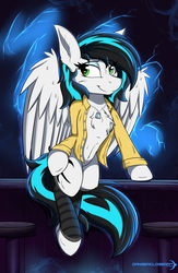 Size: 1600x2460 | Tagged: safe, artist:dangercloseart, oc, oc only, oc:danger close, pony, chest fluff, clothes, smiling, solo, stool