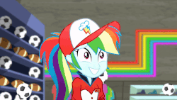 Size: 800x450 | Tagged: safe, screencap, rainbow dash, epic fails, equestria girls, g4, my little pony equestria girls: summertime shorts, animated, ball, cap, dashabuse, faic, female, football, hat, ouch, ponytail, solo, sports