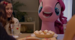 Size: 1306x699 | Tagged: dead source, safe, screencap, pinkie pie, human, g4, brushable, commercial, female, food, irl, live action, photo, pie, target (store), toy