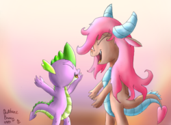 Size: 1024x749 | Tagged: safe, artist:chiptunebrony, mina, spike, dragon, g4, colored, eyes closed, female, happy, implied hugging, male, open arms, open mouth, shipping, smiling, spina, straight