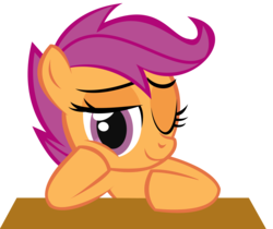Size: 2800x2353 | Tagged: safe, artist:kuren247, scootaloo, g4, desk, female, high res, one eye closed, solo, wink