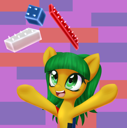 Size: 1280x1287 | Tagged: safe, artist:an-m, oc, oc only, oc:blocky bits, earth pony, pony, :d, eyelashes, female, green eyes, green hair, lego, open mouth, open smile, simple background, smiling, solo
