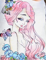 Size: 1024x1343 | Tagged: safe, artist:daisyfizz, fluttershy, butterfly, human, g4, clothes, female, flower, humanized, long hair, solo, traditional art