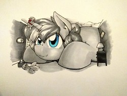 Size: 3200x2400 | Tagged: safe, artist:chibibiscuit, oc, oc only, oc:violet, pony, unicorn, giant pony, growth, high res, inktober, macro, monochrome, partial color, sketch, smiling