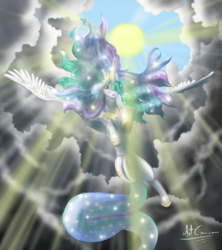 Size: 1432x1615 | Tagged: safe, artist:mitconnors, princess celestia, alicorn, pony, g4, cloud, cloudy, crepuscular rays, female, flying, solo, sun, sunlight