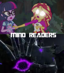 Size: 720x823 | Tagged: safe, derpibooru exclusive, sci-twi, sunset shimmer, twilight sparkle, equestria girls, g4, clash of hasbro's titans, comparison, glowing eyes, megatron, sunset sees things, transformers, transformers beast hunters, unicron, unicron megatron, white eyes