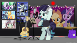 Size: 3619x2037 | Tagged: safe, artist:jhayarr23, applejack, coloratura, limelight, octavia melody, parish nandermane, pinkie pie, smooth move, spectrum shades, turbo bass, twilight sparkle, alicorn, pony, g4, bipedal, countess coloratura, guitar, high res, musical instrument, rara, recording studio, twilight sparkle (alicorn), wallpaper