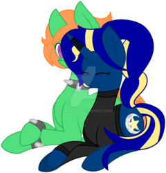 Size: 1024x1068 | Tagged: safe, artist:lilygarent, oc, oc only, oc:midnight star, oc:toxic fire, pony, unicorn, choker, clothes, female, mare, prone, shirt, simple background, spiked choker, spiked wristband, transparent background, watermark, wristband