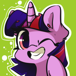 Size: 1000x1000 | Tagged: safe, artist:luxaestas, twilight sparkle, pony, g4, female, floating eyebrows, green background, grin, looking at you, mare, one eye closed, simple background, smiling, solo, wink