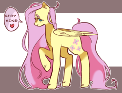 Size: 847x643 | Tagged: safe, artist:milky-rabbit, fluttershy, pegasus, pony, g4, dialogue, female, folded wings, heart, looking at you, mare, profile, raised hoof, smiling, solo, unshorn fetlocks
