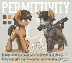 Size: 3300x2890 | Tagged: safe, artist:blvckmagic, oc, oc only, oc:permittivity, pony, unicorn, fallout equestria, fallout equestria: transient, clothes, fanfic art, gas mask, gun, helmet, high res, mask, reference sheet, scarred, stahlhelm, updated design, weapon