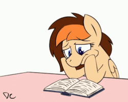Size: 498x398 | Tagged: safe, artist:deadlycomics, oc, oc only, oc:aerion featherquill, pegasus, pony, animated, blinking, book, bored, facehoof, frame by frame, gif, raspberry, reaction image, reading, simple background, sitting, solo, tongue out