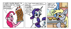 Size: 1588x652 | Tagged: safe, artist:gingerfoxy, derpy hooves, pinkie pie, rarity, earth pony, pegasus, pony, unicorn, pony comic generator, g4, comic, food, muffin, pancakes