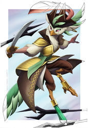 Size: 880x1280 | Tagged: safe, artist:loupgarou, captain celaeno, parrot, anthro, g4, my little pony: the movie, clothes, female, fight, hat, offscreen character, pirate, pirate hat, solo focus, spear, storm guard, sword, trident, weapon