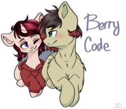 Size: 1534x1332 | Tagged: safe, artist:bubbles906, oc, oc only, oc:berry blitz, oc:cheat code, earth pony, pony, unicorn, berrycode, clothes, couple, duo, hoodie
