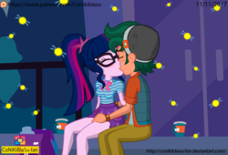 Size: 1372x933 | Tagged: safe, artist:conikiblasu-fan, sci-twi, timber spruce, twilight sparkle, equestria girls, equestria girls series, star crossed, beanie, blushing, breasts, female, geode of telekinesis, hat, kissing, male, patreon, patreon logo, shipping, show accurate, straight, timbertwi