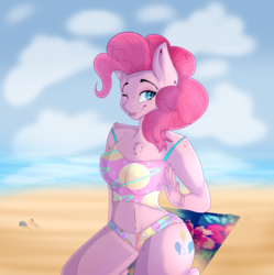 Size: 2003x2008 | Tagged: safe, artist:inkiq, pinkie pie, earth pony, anthro, g4, beach, clothes, female, high res, mare, one eye closed, solo, swimsuit, tank top, tankini, tongue out, top, wink
