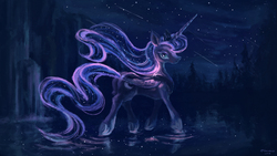 Size: 1920x1080 | Tagged: safe, artist:plainoasis, princess luna, alicorn, pony, g4, crown, female, folded wings, jewelry, looking at you, mare, night, regalia, shooting star, shooting stars, smiling, solo, starry night, stars, walking on water, windswept mane