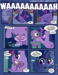 Size: 1275x1650 | Tagged: safe, artist:dsana, spike, twilight sparkle, dragon, pony, comic:a moment in time, g4, baby, baby bottle, baby spike, comic, crying, female, filly, filly twilight sparkle, mama twilight, mare in the moon, moon, younger