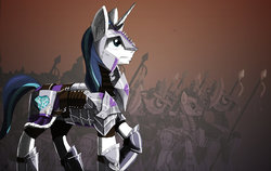 Size: 900x570 | Tagged: safe, artist:zryu, shining armor, earth pony, pegasus, pony, unicorn, g4, armor, army, male, royal guard, spear, stallion, weapon
