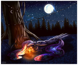 Size: 1024x856 | Tagged: safe, artist:crazydragonqueen, princess luna, alicorn, pony, g4, armor, candle, female, forest, hoers, moon, night, princess, sleeping, solo, stars, tree