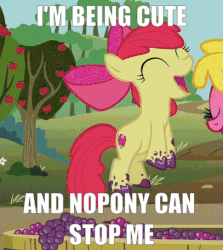 Size: 485x543 | Tagged: safe, edit, edited screencap, screencap, apple bloom, cherry berry, earth pony, pony, g4, on your marks, adorabloom, and nopony can stop me, animated, cute, female, i'm being adorable and no one can stop me!, image macro, jumping, meme, perfect loop