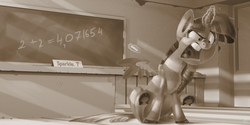 Size: 3000x1500 | Tagged: safe, artist:v747, twilight sparkle, alicorn, pony, g4, angry, chalk, chalkboard, classroom, desk, faic, female, fluffy, frown, glare, grayscale, horseshoes, levitation, magic, math, monochrome, open mouth, pointing, sitting, solo, spread wings, teaching, telekinesis, tongue out, twilight sparkle (alicorn), underhoof, uvula, wings, yelling