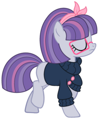 Size: 1144x1360 | Tagged: safe, artist:cutiesparkle, oc, oc only, oc:purple prose, earth pony, pony, clothes, eyes closed, female, glasses, mare, offspring, parent:pinkie pie, parent:pokey pierce, parents:pokeypie, simple background, solo, sweater, transparent background, turtleneck