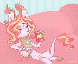 Size: 1024x841 | Tagged: safe, artist:flourret, oc, oc only, oc:serena, changepony, hybrid, chest fluff, couch, female, food, offspring, one eye closed, parent:princess celestia, parent:thorax, parents:thoralestia, pocky, solo