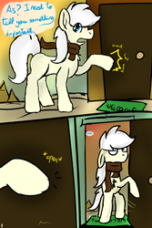 Size: 1000x1500 | Tagged: safe, artist:euspuche, oc, oc only, oc:pierrot fisher, earth pony, pony, comic:looking at you as, ..., chest fluff, clothes, comic, dialogue, door, egypt, floppy ears, house, knocking, male, open door, scarf, shrunken pupils, solo, sunset, surprised