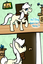 Size: 1000x1500 | Tagged: safe, artist:euspuche, oc, oc only, oc:pierrot fisher, earth pony, pony, comic:looking at you as, clothes, dialogue, door, egypt, flower, house, male, picture, scarf, solo, stallion, surprised, vase, walking