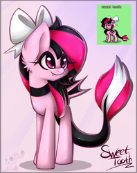 Size: 819x1032 | Tagged: safe, artist:bloody-pink, oc, oc only, oc:sweet tooth, bat pony, pony, pony town, bow, female, hair bow, mare, solo