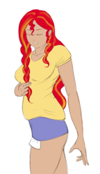 Size: 1779x3096 | Tagged: safe, artist:eve-ashgrove, sunset shimmer, human, g4, clothes, eyes closed, female, humanized, shirt, shorts, simple background, solo