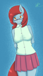 Size: 2301x3997 | Tagged: safe, artist:wolfy-pony, oc, oc only, anthro, arm behind back, clothes, female, glasses, high res, looking at you, sleeveless, smiling, solo