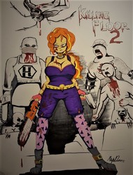 Size: 689x908 | Tagged: safe, artist:missmayaleanne, adagio dazzle, human, g4, alternate hairstyle, big breasts, blood, breasts, busty adagio dazzle, chainsaw, choker, cleavage, crossover, female, gun, killing floor, male, ponytail, traditional art, video game, weapon, wide hips