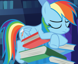 Size: 4487x3663 | Tagged: safe, artist:frownfactory, rainbow dash, pegasus, pony, g4, shadow play, .svg available, book, bookshelf, cute, dashabetes, eyes closed, female, mare, sleeping, solo, svg, vector, wings