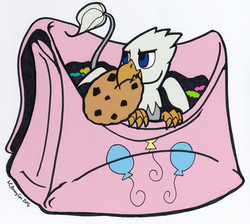 Size: 1000x894 | Tagged: safe, artist:latecustomer, artist:tinibirb, color edit, edit, oc, oc only, oc:der, griffon, colored, cookie, food, implied pinkie pie, micro, saddle bag, solo, that griffon sure "der"s love cookies