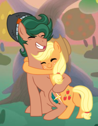 Size: 1004x1286 | Tagged: safe, artist:theapplebeauty, applejack, timber spruce, pony, g4, applespruce, equestria girls ponified, female, hug, male, ponified, shipping, straight