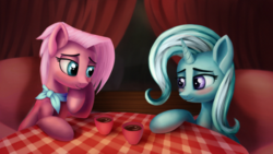 Size: 1920x1080 | Tagged: safe, artist:vytti, jasmine leaf, trixie, earth pony, pony, unicorn, g4, bedroom eyes, blushing, crack shipping, cup, date, female, food, jaxie, lesbian, mare, shipping, table, tea, teacup